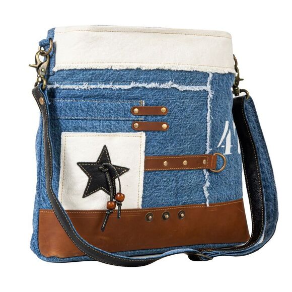 Myra Bag Handmade Country Shoulder Bag Upcycled Canvas & Cowhide Leather - Picture 10 of 16